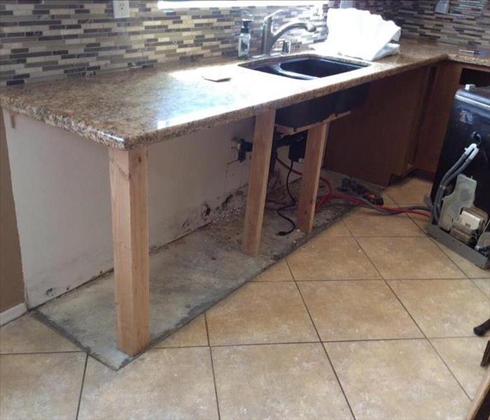 Water and mold damage behind kitchen cabinets in Phoenix, AZ